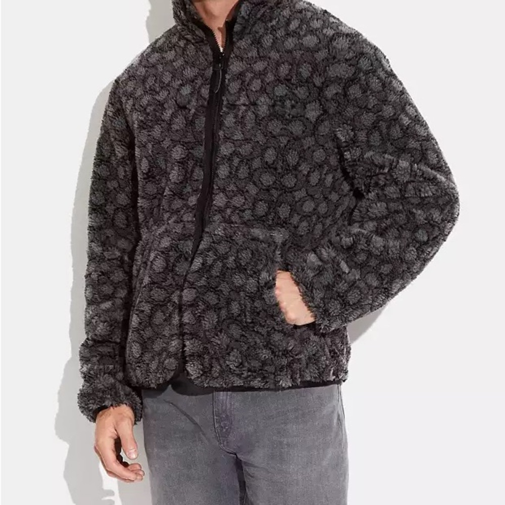 Coach Men's Graphite Signature Sherpa Jacket All Over Logo Black Gray Sz‎ XS
